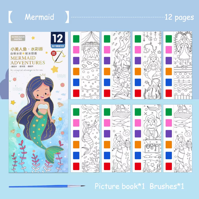 Portable Watercolor Painting Book 12 Sheets Coloring Book with Paint Brush Gouache Book Kids Graffiti Picture Drawing Stationery