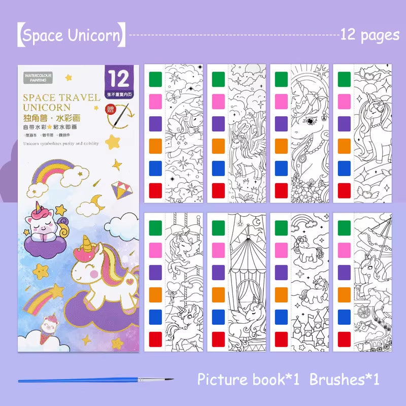 Portable Watercolor Painting Book 12 Sheets Coloring Book with Paint Brush Gouache Book Kids Graffiti Picture Drawing Stationery