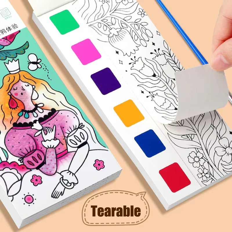 Portable Watercolor Painting Book 12 Sheets Coloring Book with Paint Brush Gouache Book Kids Graffiti Picture Drawing Stationery
