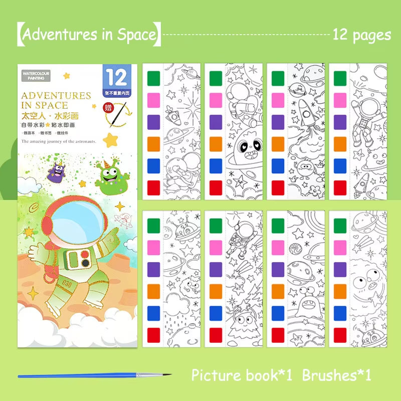 Portable Watercolor Painting Book 12 Sheets Coloring Book with Paint Brush Gouache Book Kids Graffiti Picture Drawing Stationery