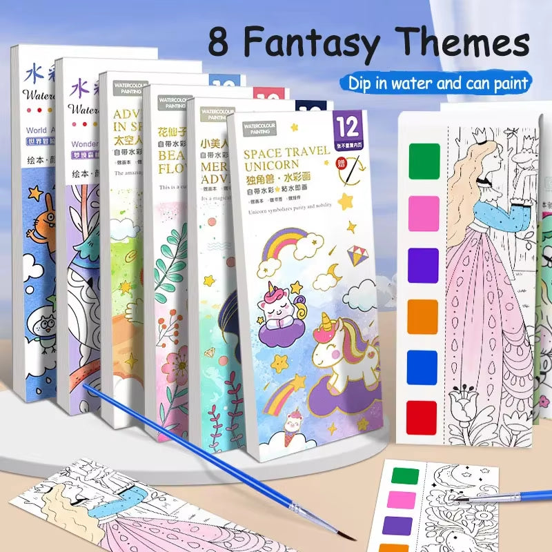 Portable Watercolor Painting Book 12 Sheets Coloring Book with Paint Brush Gouache Book Kids Graffiti Picture Drawing Stationery
