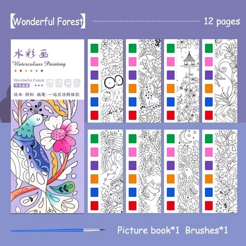 Portable Watercolor Painting Book 12 Sheets Coloring Book with Paint Brush Gouache Book Kids Graffiti Picture Drawing Stationery