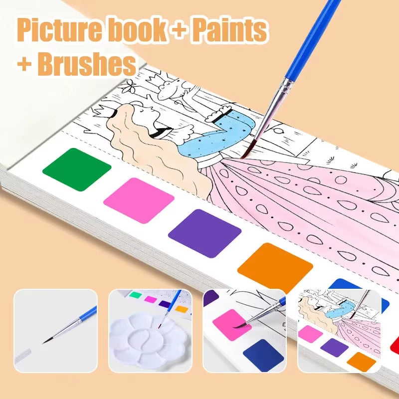 Portable Watercolor Painting Book 12 Sheets Coloring Book with Paint Brush Gouache Book Kids Graffiti Picture Drawing Stationery