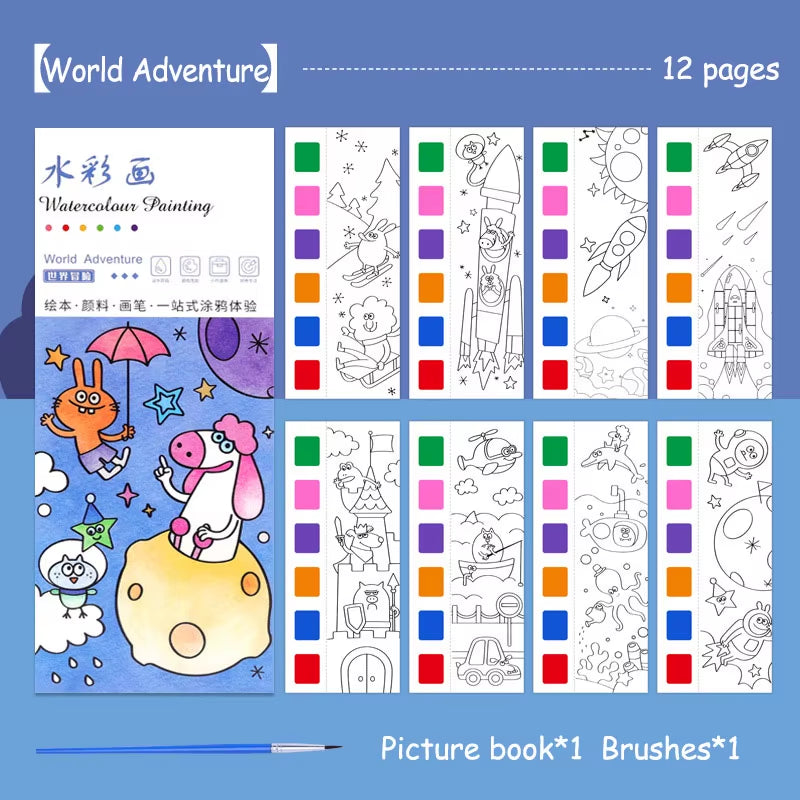 Portable Watercolor Painting Book 12 Sheets Coloring Book with Paint Brush Gouache Book Kids Graffiti Picture Drawing Stationery