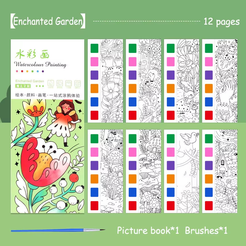 Portable Watercolor Painting Book 12 Sheets Coloring Book with Paint Brush Gouache Book Kids Graffiti Picture Drawing Stationery
