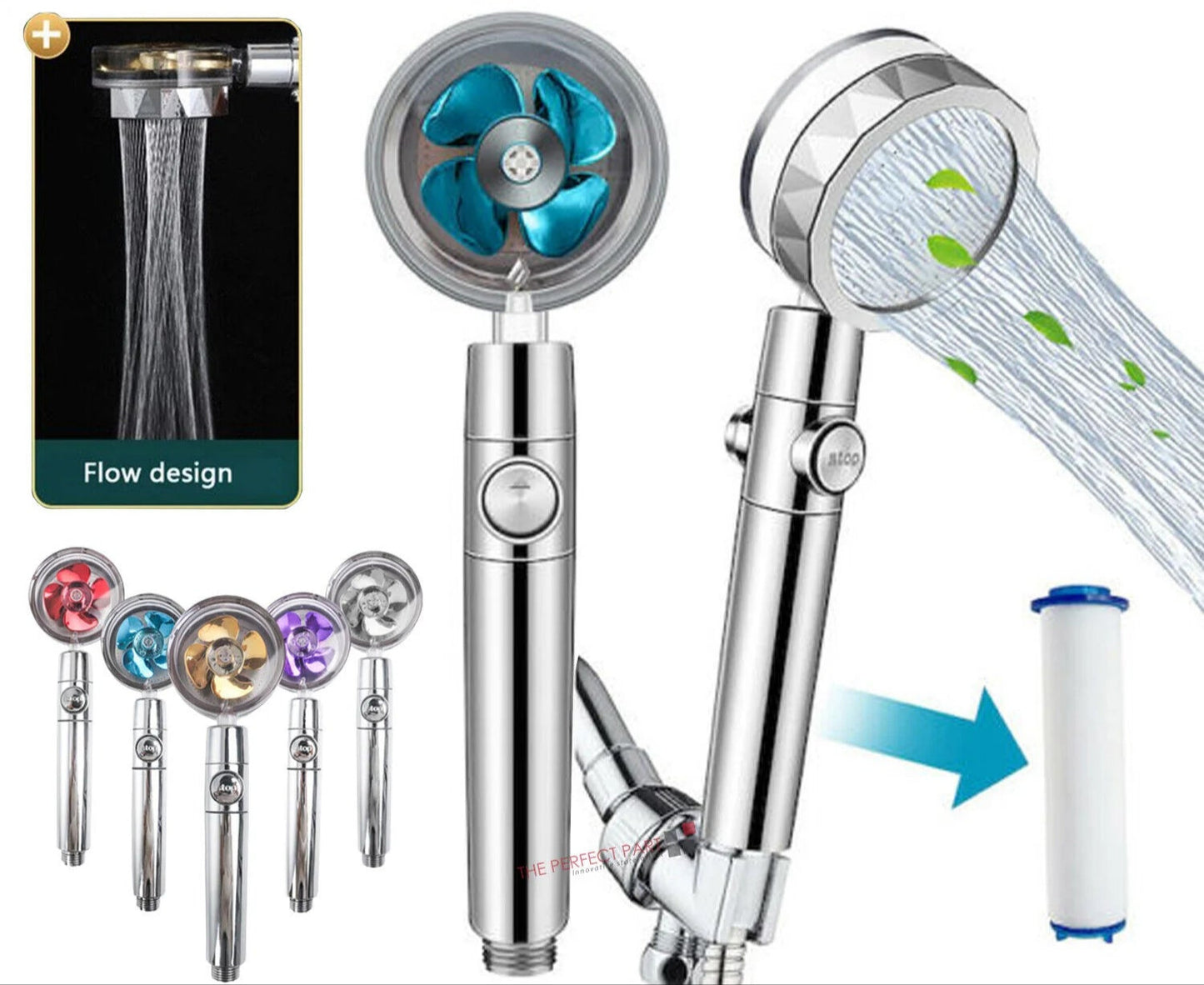 High Pressure Shower Head Adjustable 360° Rotation Turbine Water Saving Shower