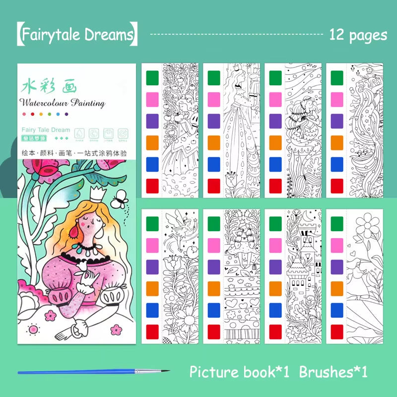 Portable Watercolor Painting Book 12 Sheets Coloring Book with Paint Brush Gouache Book Kids Graffiti Picture Drawing Stationery