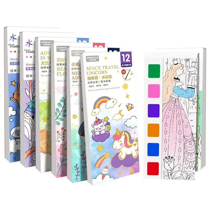 Portable Watercolor Painting Book 12 Sheets Coloring Book with Paint Brush Gouache Book Kids Graffiti Picture Drawing Stationery