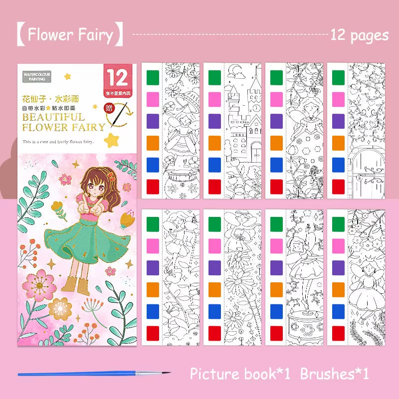 Portable Watercolor Painting Book 12 Sheets Coloring Book with Paint Brush Gouache Book Kids Graffiti Picture Drawing Stationery