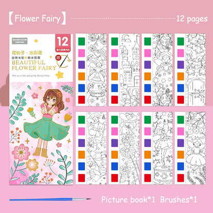 Portable Watercolor Painting Book 12 Sheets Coloring Book with Paint Brush Gouache Book Kids Graffiti Picture Drawing Stationery