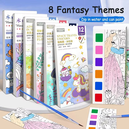 Portable Watercolor Painting Book 12 Sheets Coloring Book with Paint Brush Gouache Book Kids Graffiti Picture Drawing Stationery