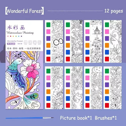 Portable Watercolor Painting Book 12 Sheets Coloring Book with Paint Brush Gouache Book Kids Graffiti Picture Drawing Stationery