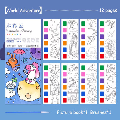 Portable Watercolor Painting Book 12 Sheets Coloring Book with Paint Brush Gouache Book Kids Graffiti Picture Drawing Stationery