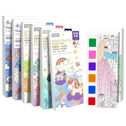 Portable Watercolor Painting Book 12 Sheets Coloring Book with Paint Brush Gouache Book Kids Graffiti Picture Drawing Stationery
